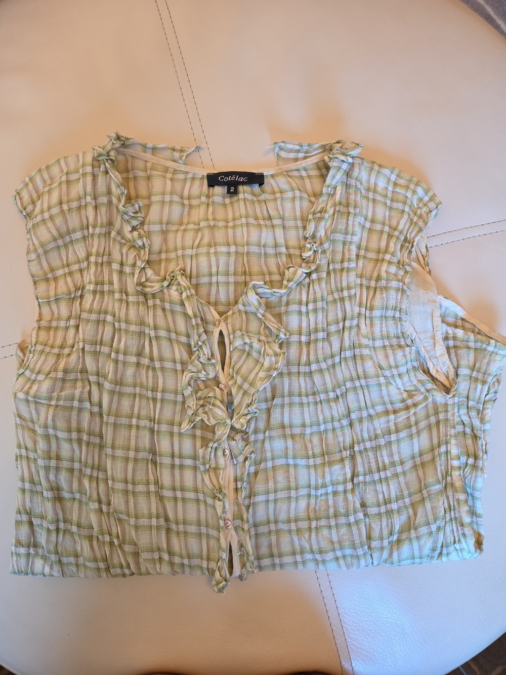 Cotelac Womens Size 2 / M, Plaid Ruffle Blouse Crinkle Cotton Metallic Gauze Top